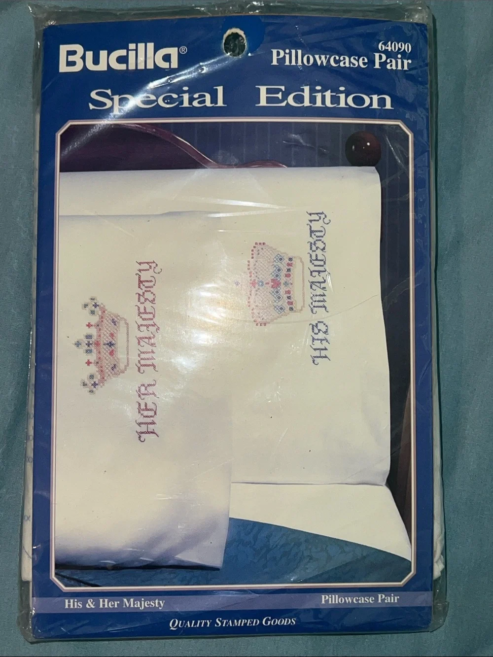 Vintage Bucilla Stamped Pillowcase Pair 64090 His & Her Majesty Crown NIP